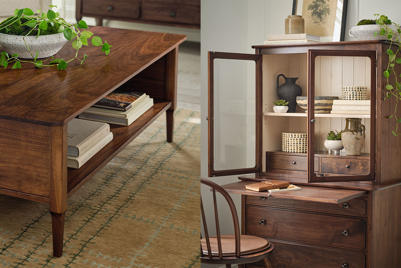 Detail view of wood cabinet and coffee table from the Hudson Valley by Stickley collection in walnut finish
