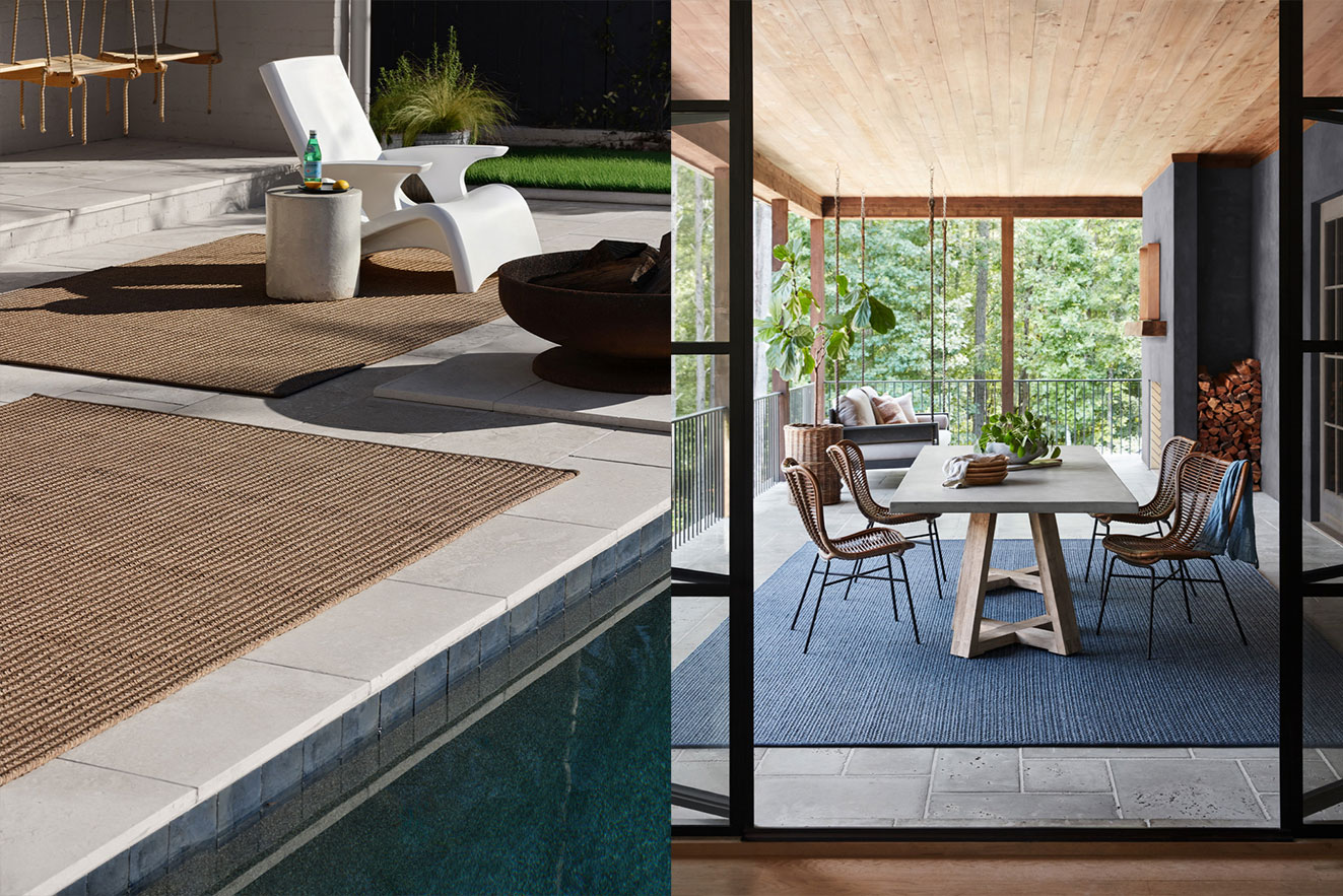 Outdoor rugs placed poolside and under a porch dining set
