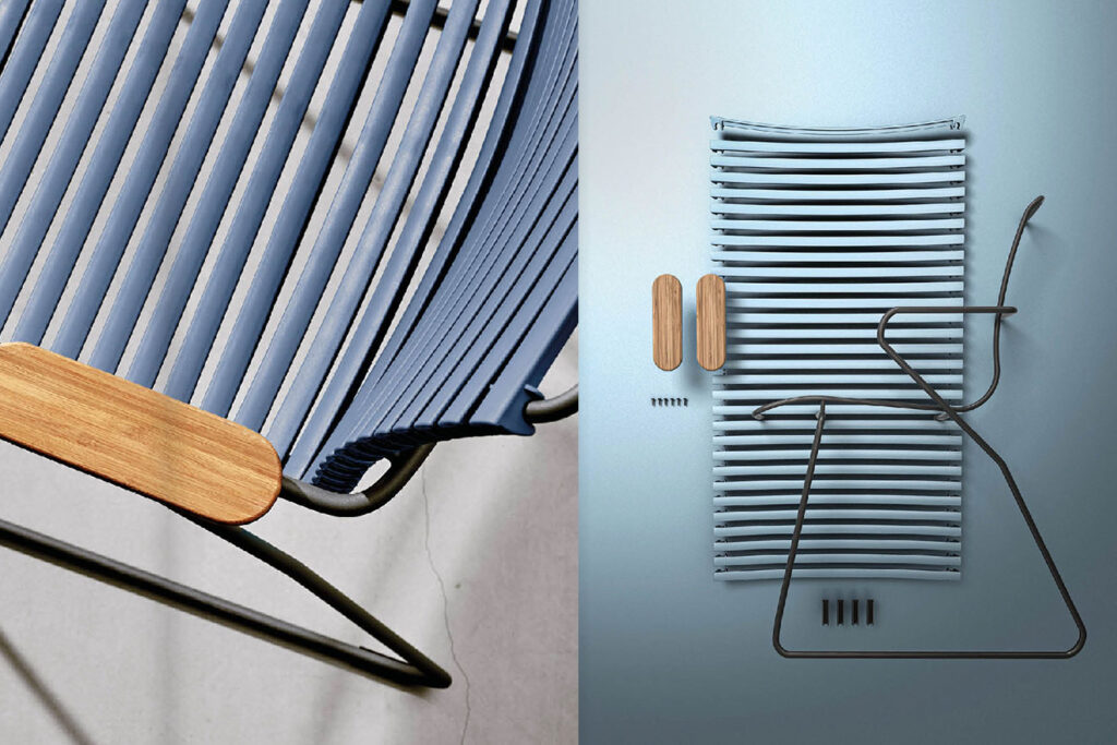 Close-up of a blue HOUE CLICK chair's slats and a disassembled view, showing its modular design.