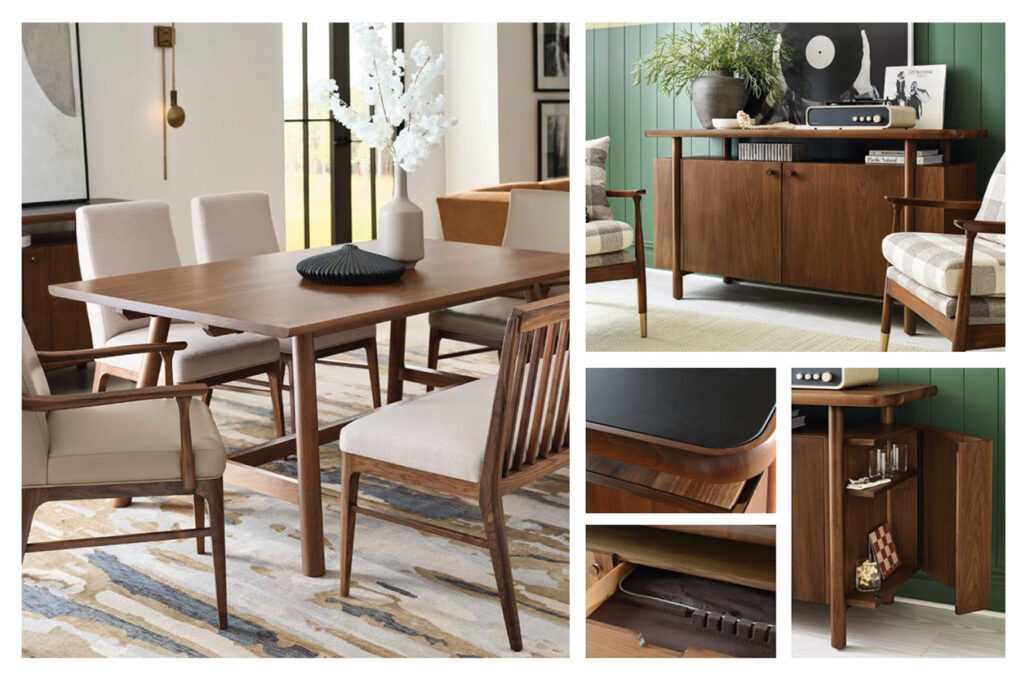 A dining room set from the Stickley’s Walnut Grove Collection, with a dining table, chairs, and a sideboard.