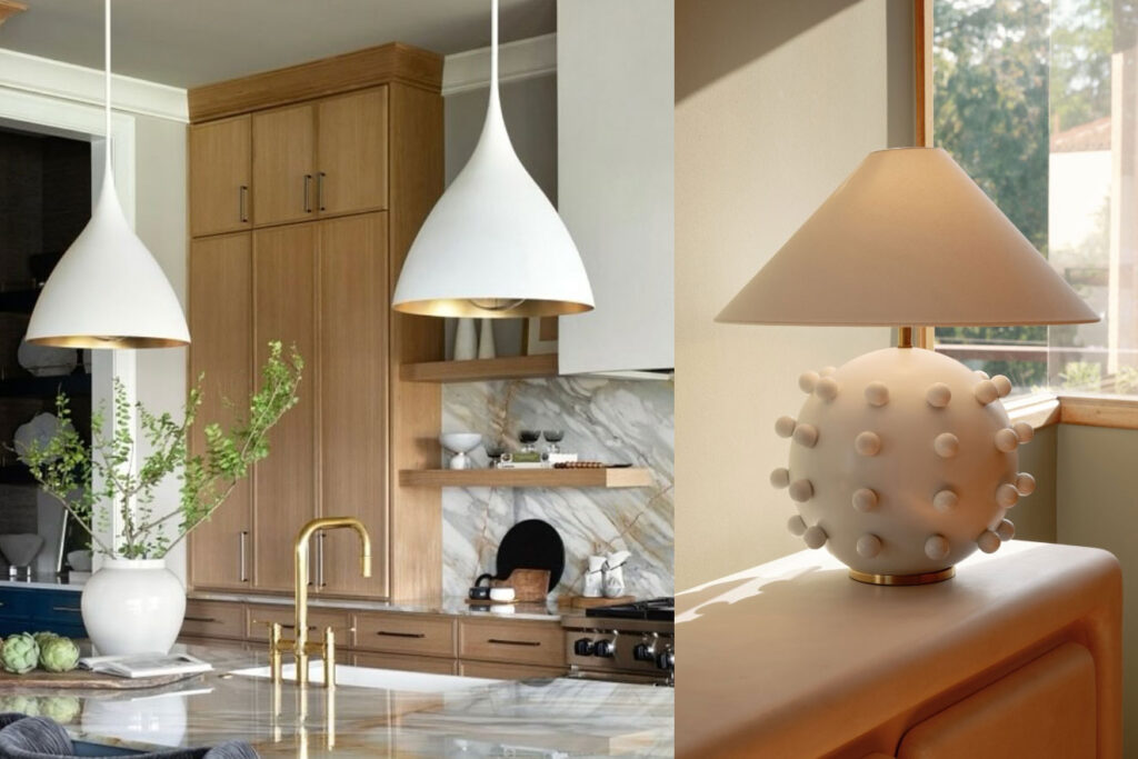 Visual Comfort Lighting pendants in modern kitchen and sculptural table lamp in Chattanooga home