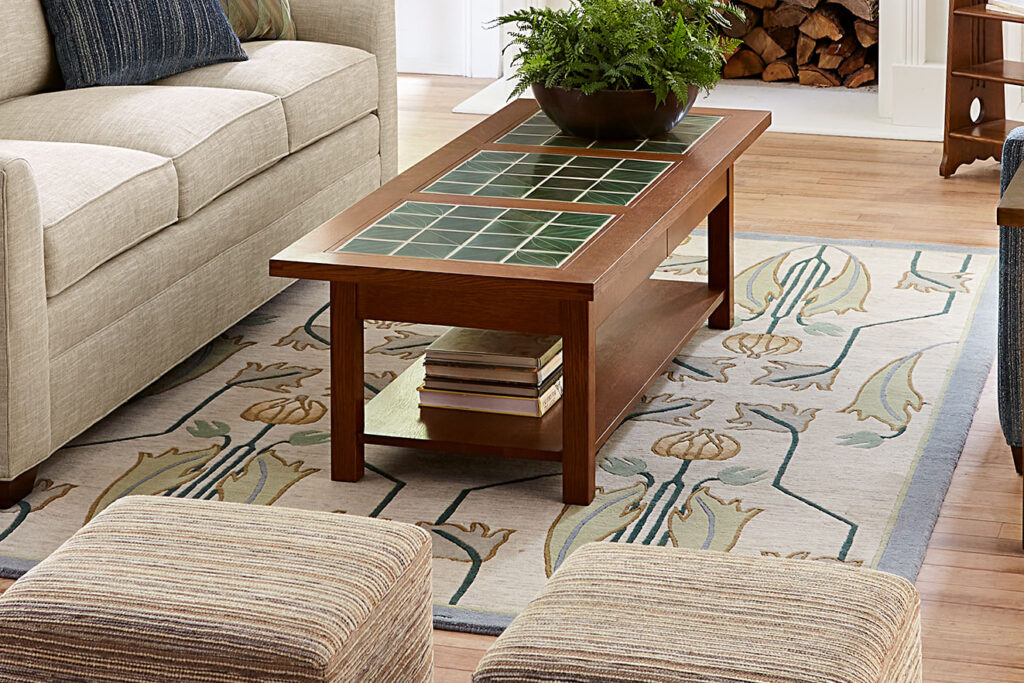 Stickley Designer Rug Month living room setup with handcrafted rug and wood coffee table at Fowler Brothers Co. Chattanooga
