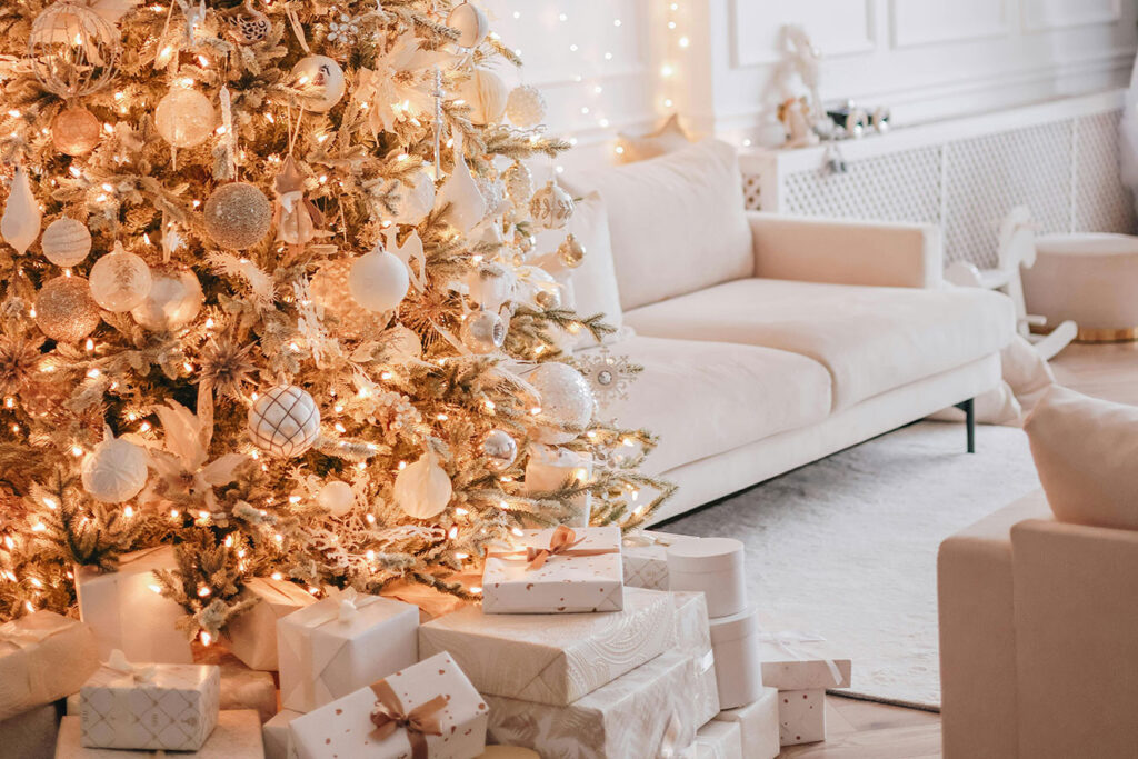 An elegant, festive dining table and chairs, illustrating Furniture Layout Tips for optimizing a holiday dinner or buffet setup.