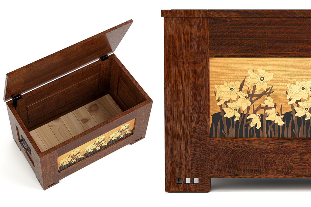 Stickley Daffodil Chest open showing cedar-lined interior and detailed daffodil wood inlay on quartersawn white oak, 125th Anniversary limited-edition piece