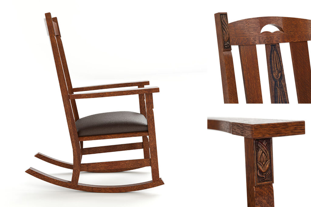 Side profile of the LaSalle Rocker in quartersawn white oak with carved Prairie style details and upholstered seat