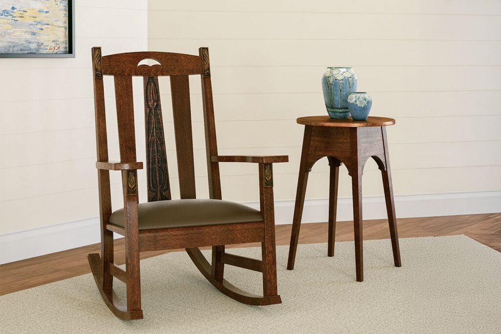 LaSalle Rocker in quartersawn white oak with upholstered seat displayed in a Prairie style living room setting