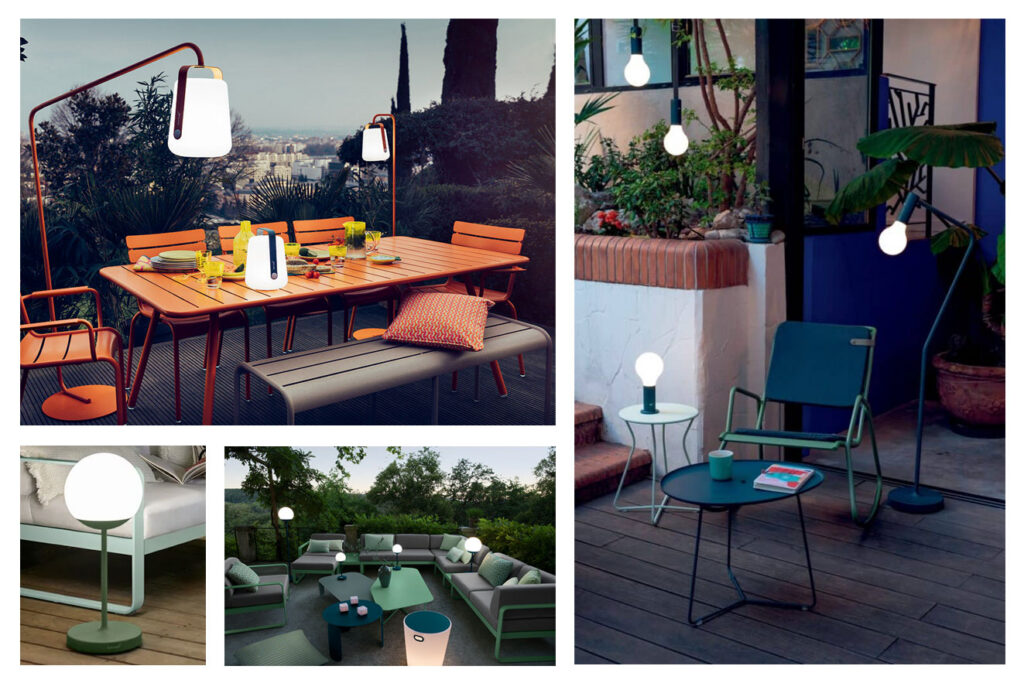 A collage of Fermob outdoor lighting options including the Balad hanging lamp, Mooon globe lamp, and Edison-style string lights styled across multiple small patio furniture setups in orange, teal, and sage green