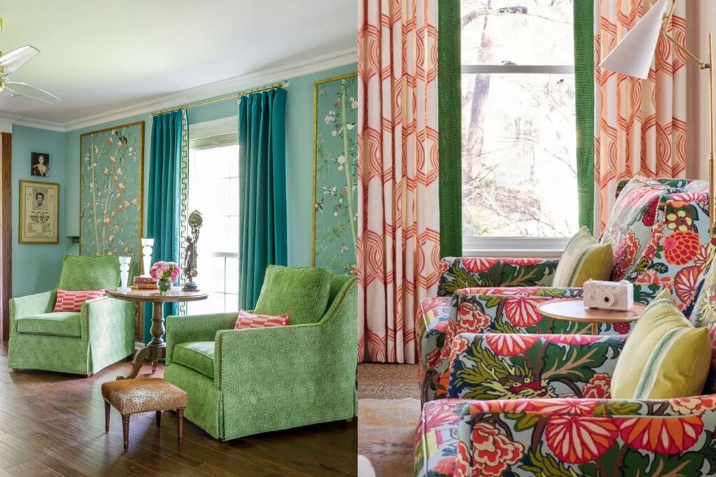 Two living room scenes side by side showing pattern drenching in action — left features framed chinoiserie wall panels, green textured armchairs, and teal drapery; right shows a bold floral wingback chair paired with geometric printed curtains and green trim
