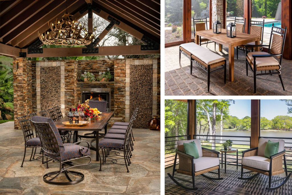 Styling ideas for outdoor dining zones featuring an antler chandelier and mixed material furniture in Chattanooga, Tennessee.