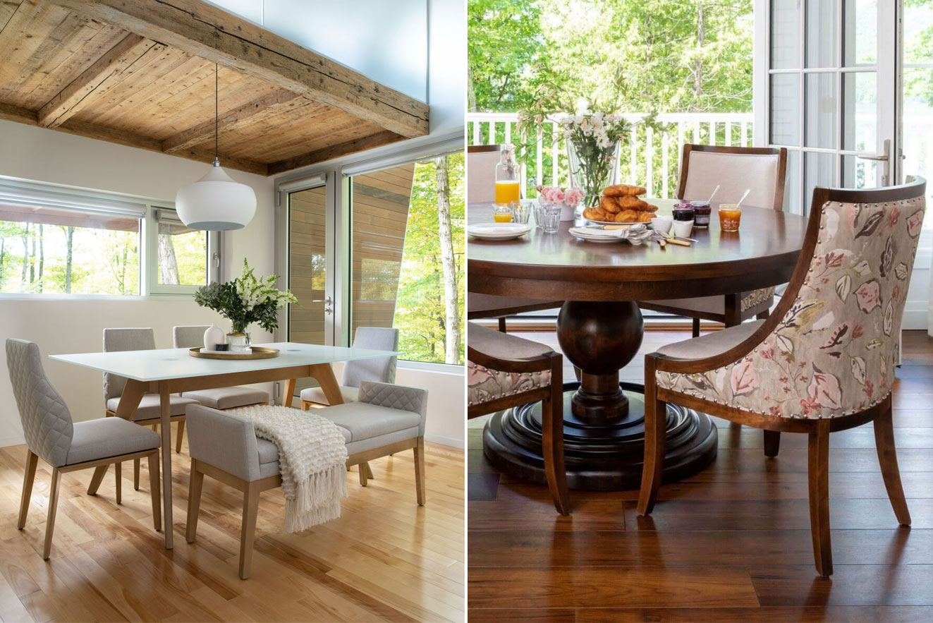 Comparison of a sleek contemporary glass-top dining table with light wood chairs and a classic round dark wood table with upholstered chairs.