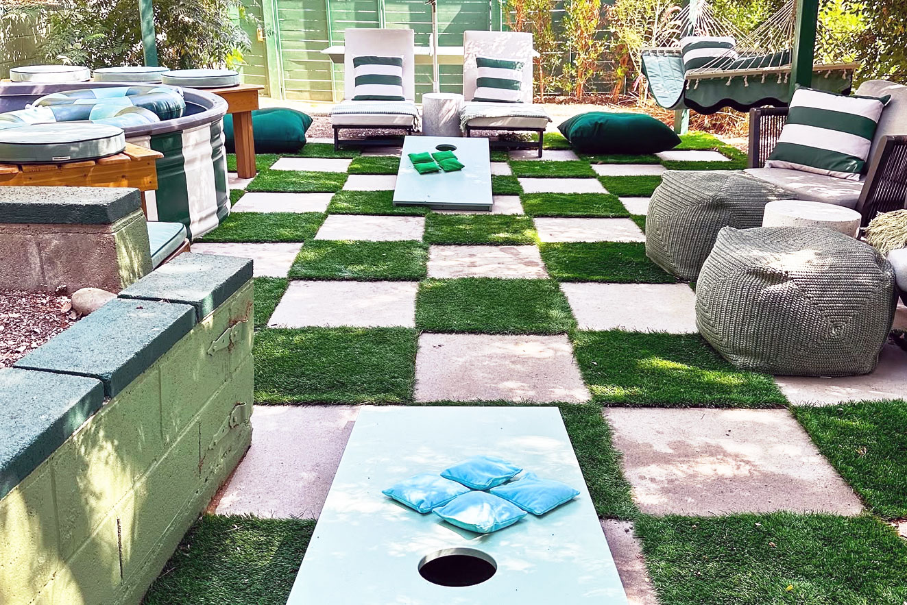 Split image showing children playing an outdoor tic-tac-toe game by a pool and a woman playing on a Ledge Lounger outdoor table tennis table in Chattanooga.
