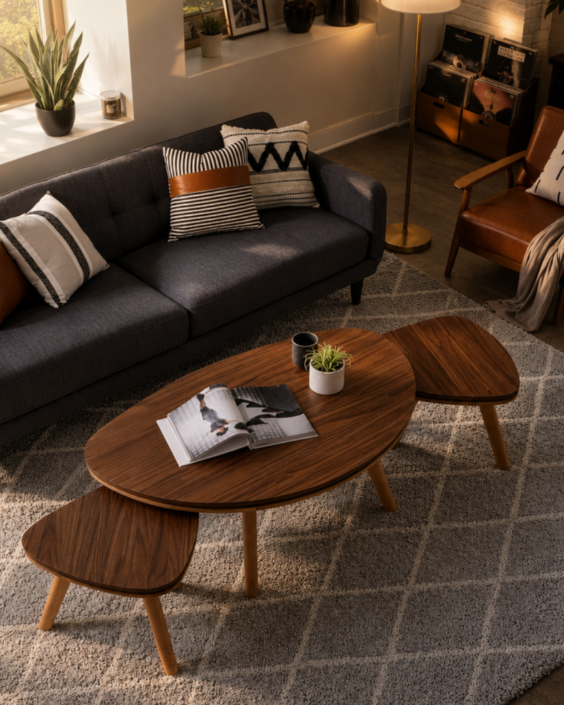 Whittier Wood Addi Occasional coffee table and nesting tables in American Alder and Black Walnut in a styled Chattanooga living room