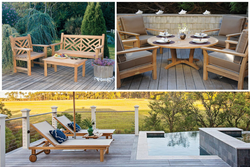 Teak outdoor furniture collage showing a lattice bench seating area, a round teak dining table with cushioned chairs, and teak chaise lounges on a poolside deck from Fowler Brothers Co. in Chattanooga Tennessee