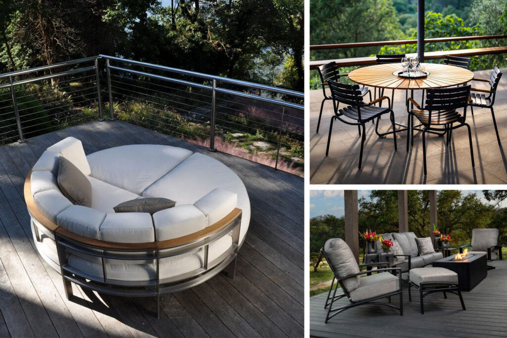 Outdoor deck furniture collage featuring a circular daybed with mixed teak and metal frame, black aluminum dining chairs with a teak table, and a fire pit seating area with performance cushions from Fowler Brothers Co. Chattanooga