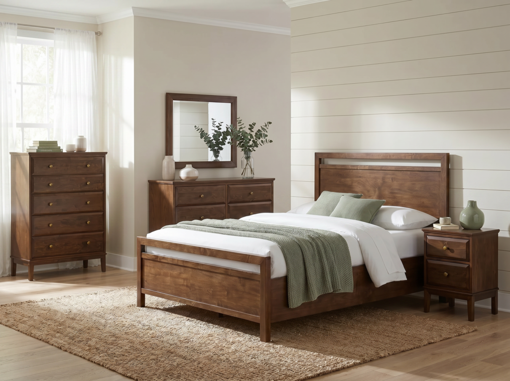 Whittier Wood Virginia Bedroom Collection suite with bed, dresser, chest, nightstand, and mirror in Mocha finish at Fowler Brothers Co. Chattanooga