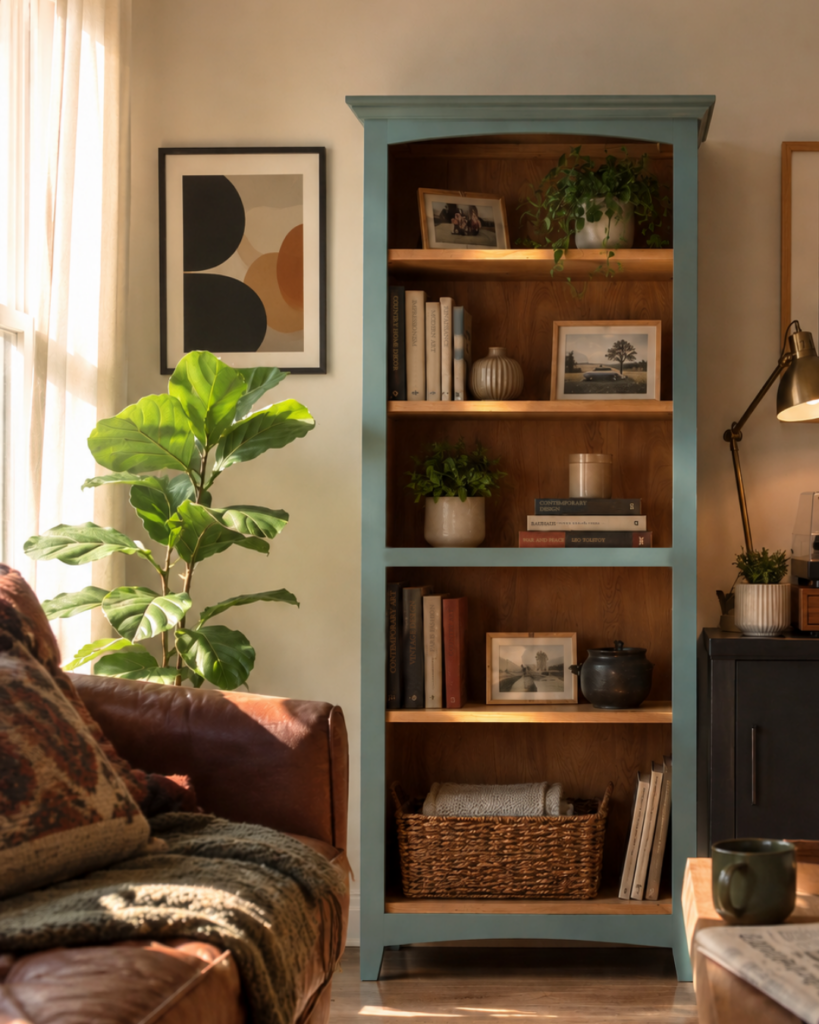 Whittier Wood McKenzie bookcase in painted finish with natural Alder shelves styled with books and decor in a Chattanooga home