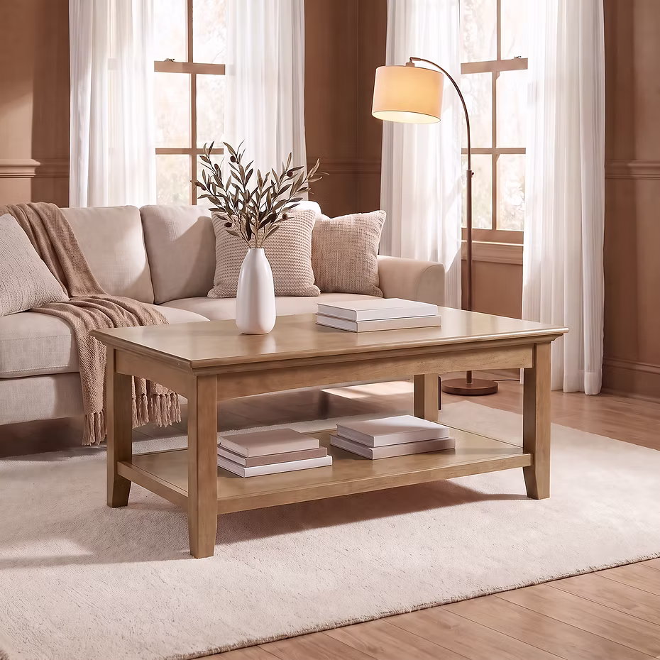 Solid wood coffee table in a cozy living room with a sofa, throw blanket, and warm lighting